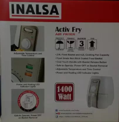 Inalsa Active Fry 4.2L Fry Light, Oil Free Cooking for Healthy Lifestyle, 2 Years Warranty, Air Fryer  (4.2 L) Inalsa Active Fry 4.2L Fry Light, Oil Free Cooking for Healthy Lifestyle, 2 Years Warranty, Air Fryer  (4.2 L)